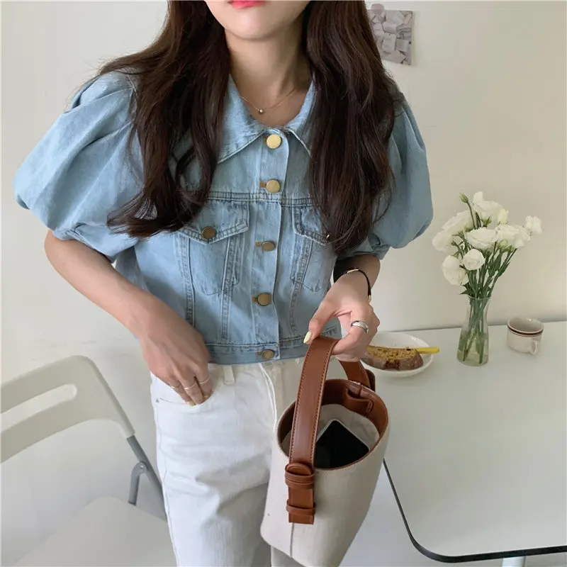 Alien Kitty Korean Vintage Puff Sleeves Loose Jeans Cowboy 2020 Gentle Tops Coat Cardigans Light Washed Blue Denim Jackets | Женская