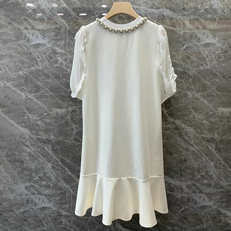 

White Patchwork Pearl Dress For Women O Neck Short Sleeve Loose Dresses Female Fashion New Clothing Summer Tide