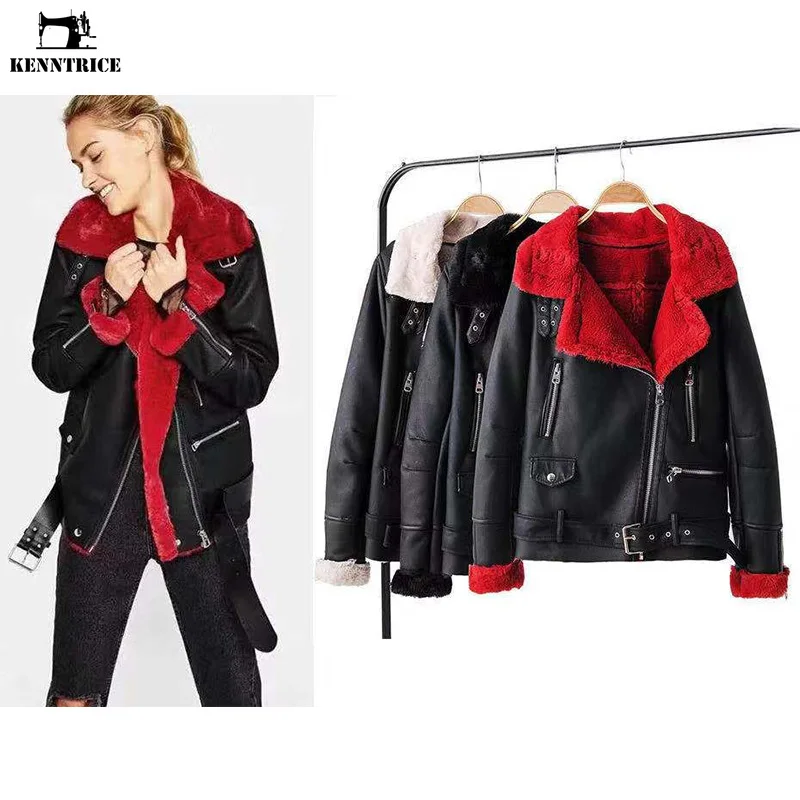 KENNTRICE Толстая женская кожаная куртка для зимы с подкладкой из искусственного