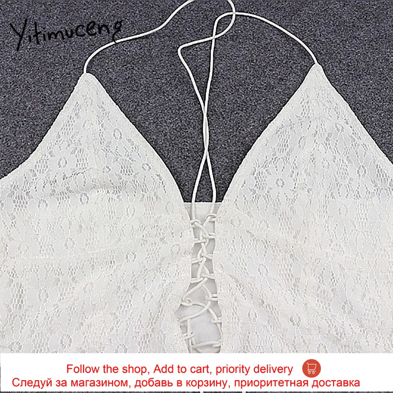 

Yitimuceng Lace Bandage Camis Crop Tops Women Floral Hollow Out Spaghetti Strap White Summer 2021 Backless Sexy Tank Top New