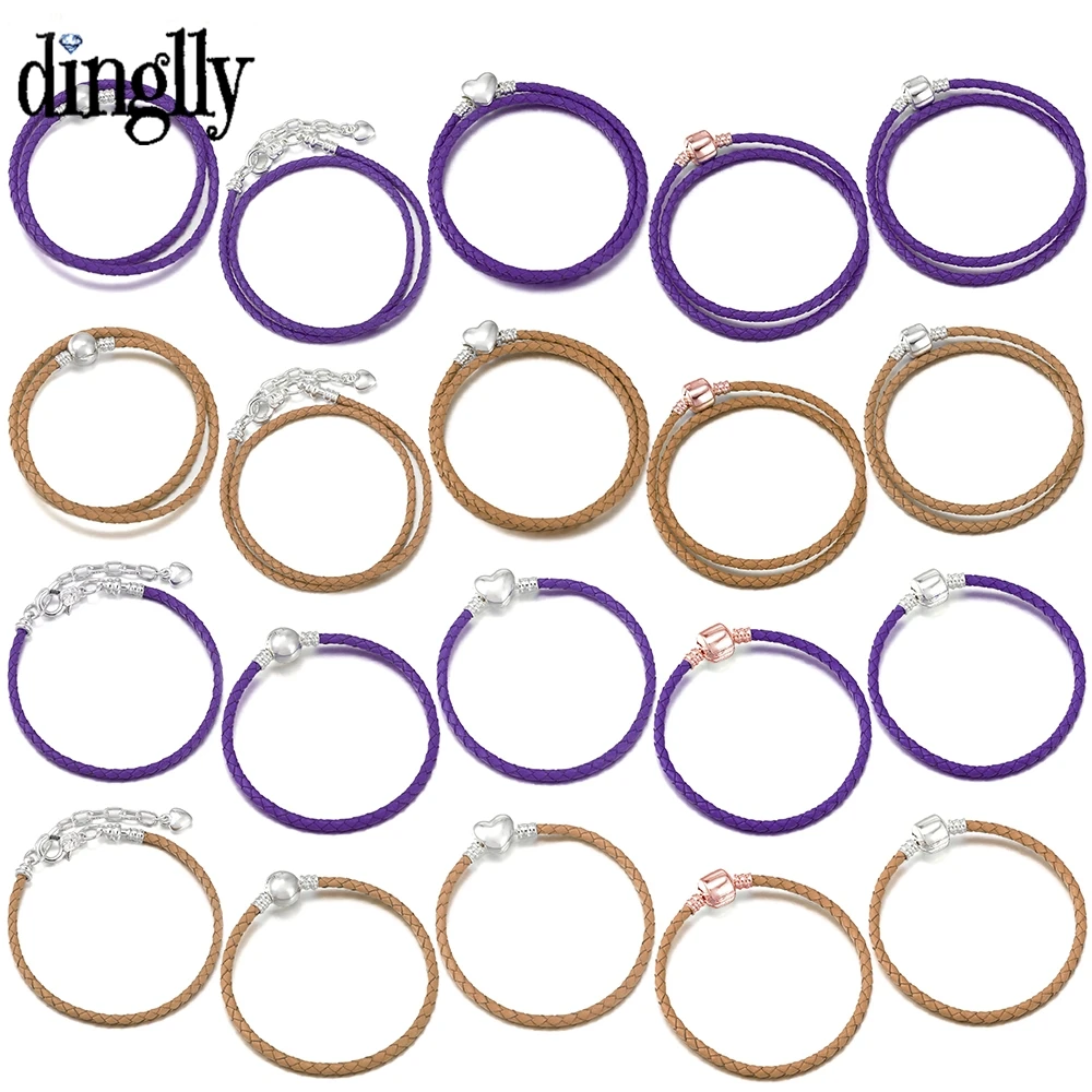 

Dinglly 5 Buckle Retro Yellow & Purple Leather Bracelets For Women Fit Brands Beads Charm Original Leather Cord Bracelet New