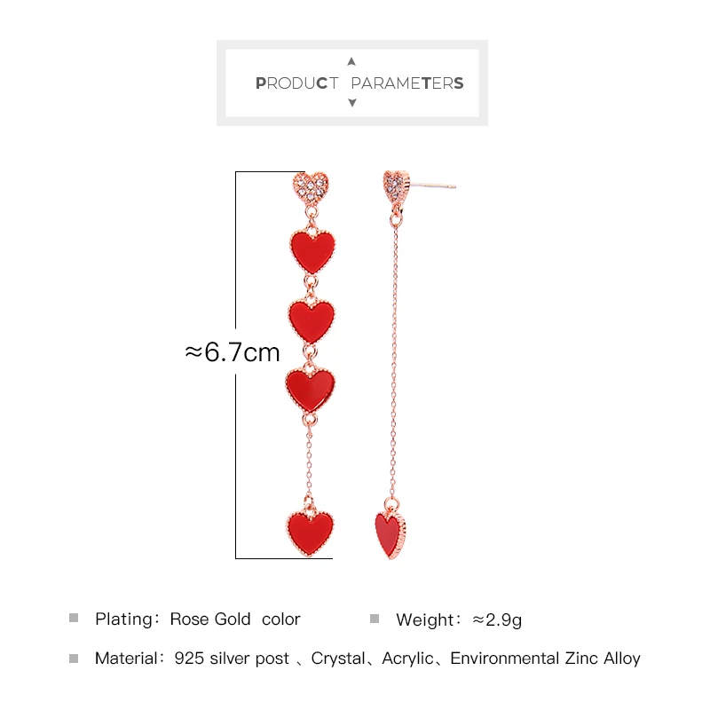 kissme Asymmetric Unique Red Acrylic Crystal Little Hearts Long Dangle Earrings For Women Gifts Rose Gold Color Fashion Jewelry | Украшения