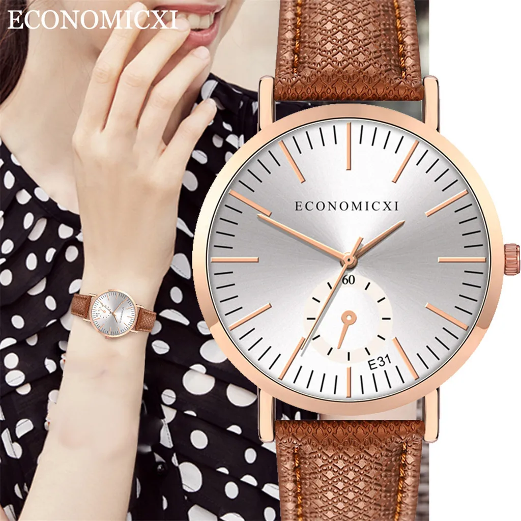 Модные женские часы с кожаным ремешком кварцевые аналоговые круглые наручные