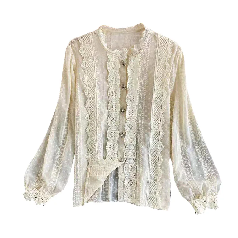 

fairy western style stand collar lace lace chiffon shirt women's 2021 spring new long sleeve versatile temperament top