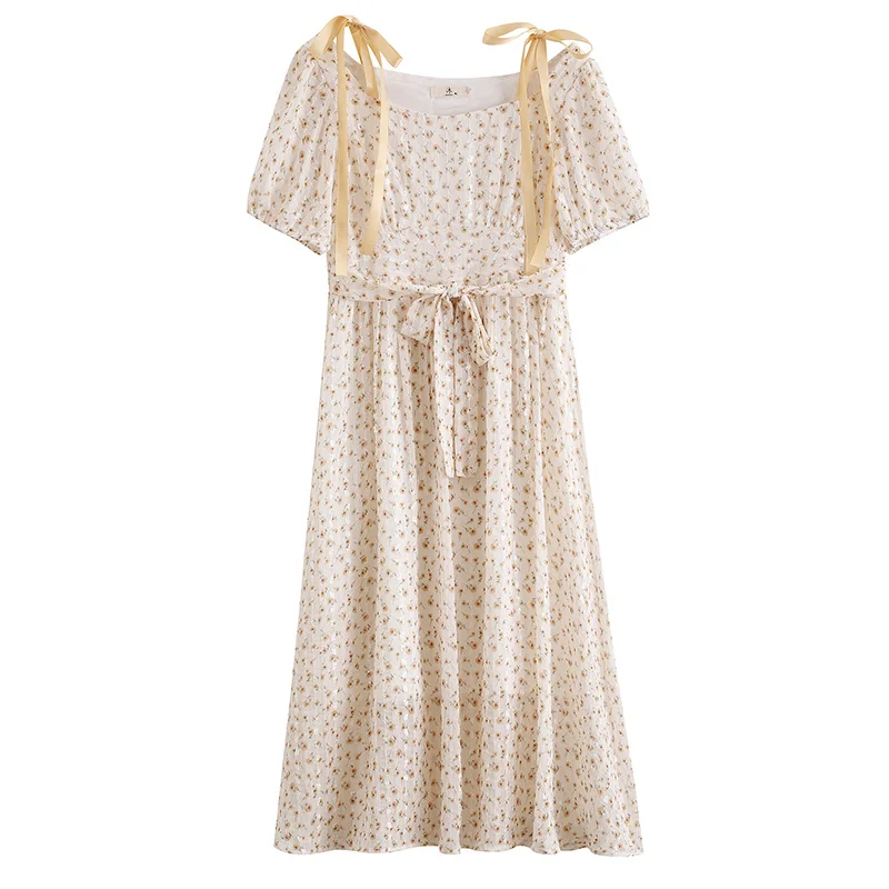 

women's clothing new summer fashion sweet flowers print square collar dress bow short-sleeved dresses