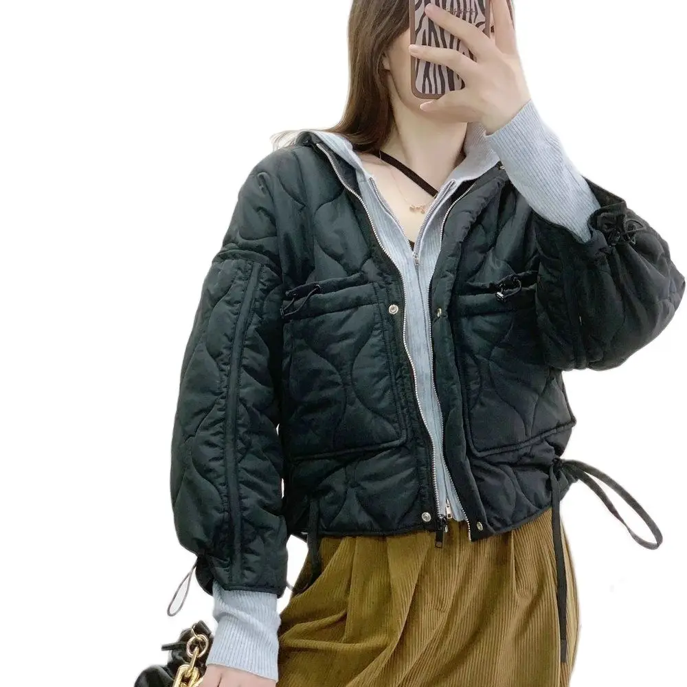 

2021 New Autumn Winter Women Black Loose Padded Bomber Hooded Jackets Lady Zipper Pockets Baseball Parkas Oversize Coats Outwear