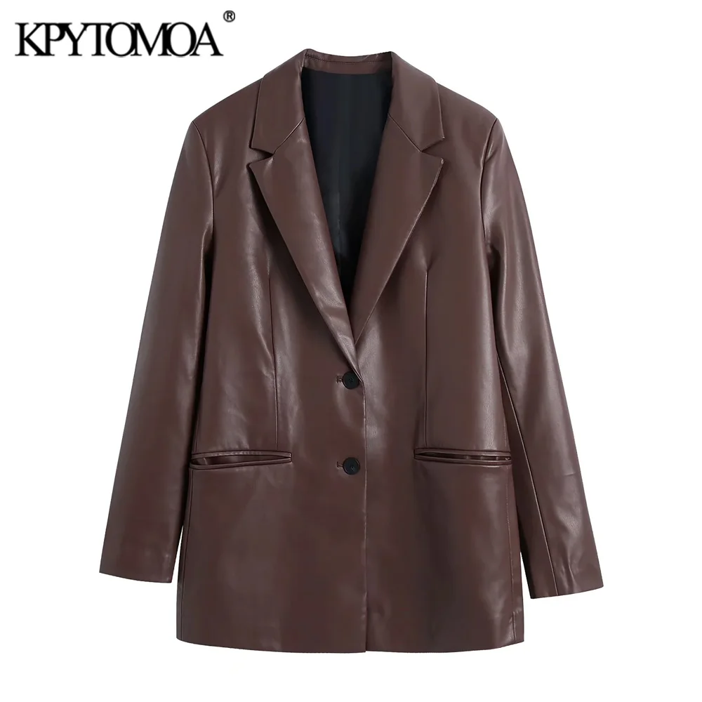 

KPYTOMOA Women 2021 Fashion Faux Leather Blazer Coat Vintage Long Sleeve Welt Pockets Female Outerwear Chic Veste Femme