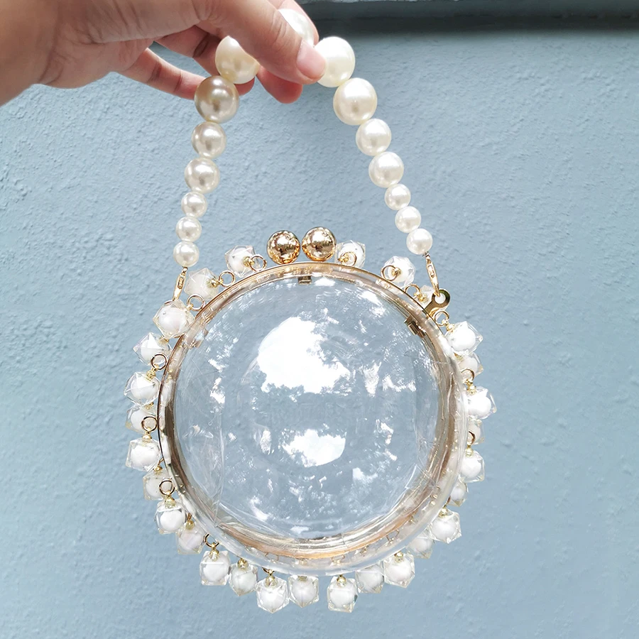 

Pearls Beaded Clear Circular Evening Bag Women 2020 Summer Luxury Diamonds Clutch Purse Female Chic Small Round Handbag Party