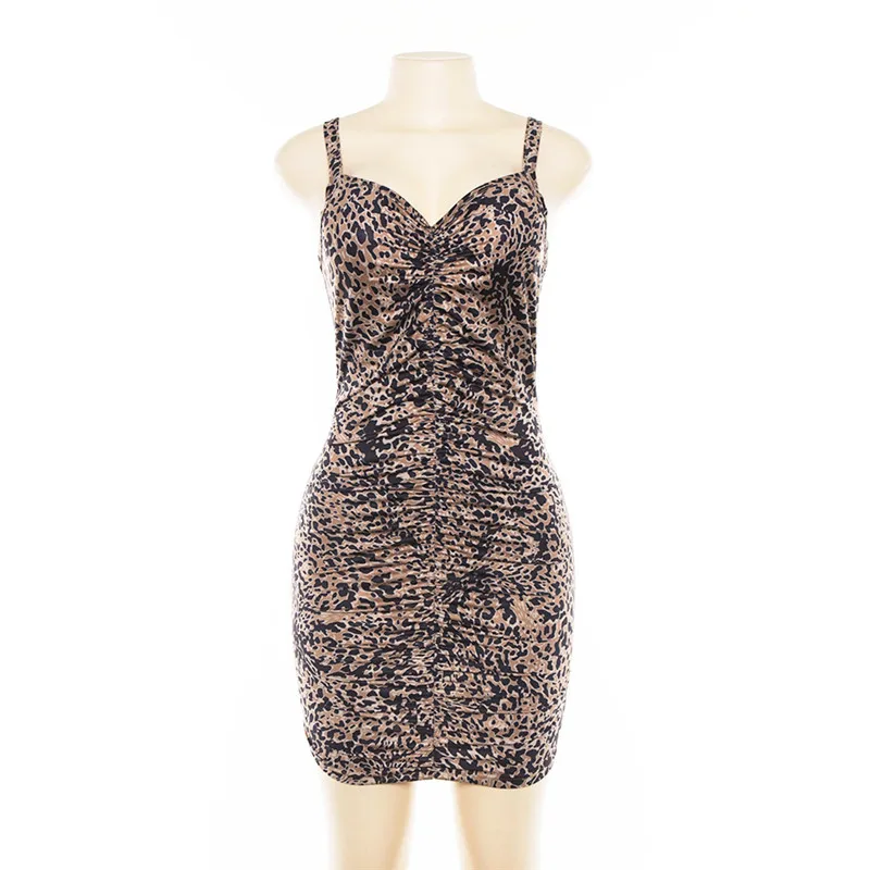

Shestyle Leopard Animal Sexy Spaghetti Strap Dress Women V Neck Ruched Sheath Bodycon New Style Sleeveless Backless Club Dresses