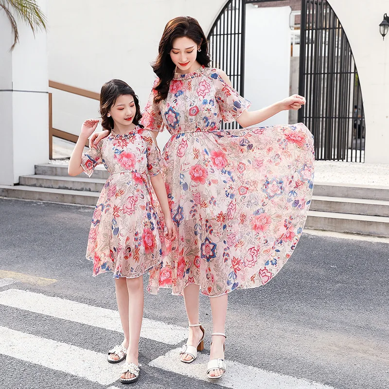 

WLG Family Matching Clothes Mom and Daughter Dress Summer Pink Green Floral Printed Short Sleeve Princess Dress
