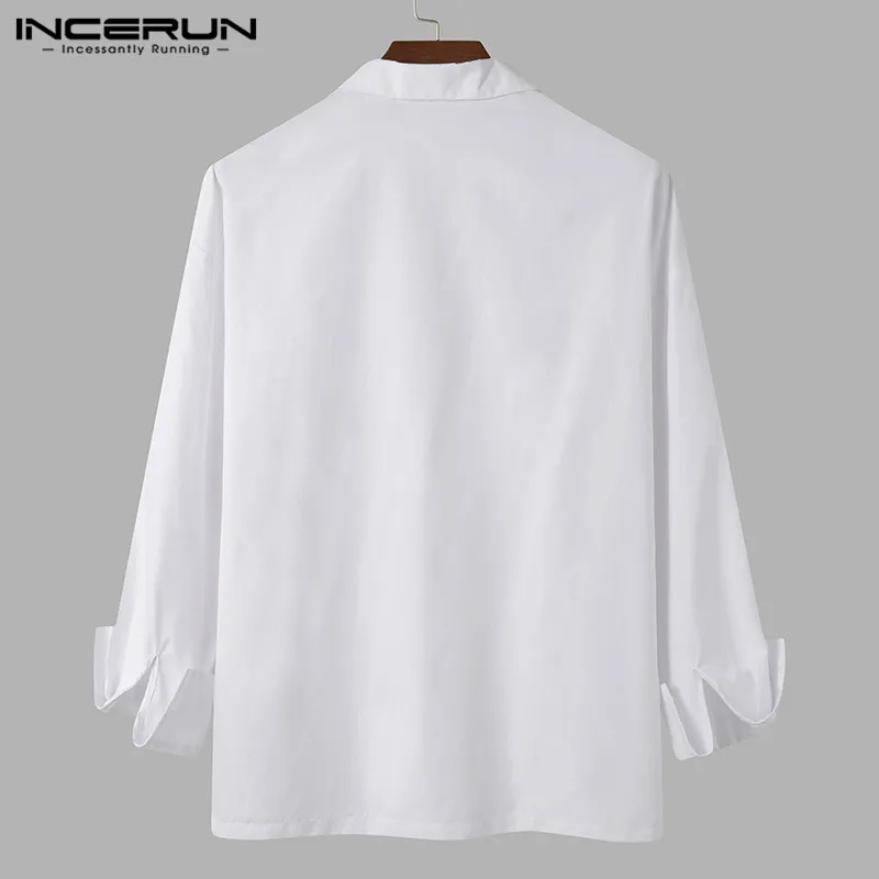 

INCERUN Men Casual Shirt Solid Color Loose Korean Style Lapel Long Sleeve Leisure Chic Blouse Button Streetwear Chemise 2021