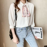 new womens white chiffon blouse female plus size loose short sleeve bow shirts lady simple style tops clothes
