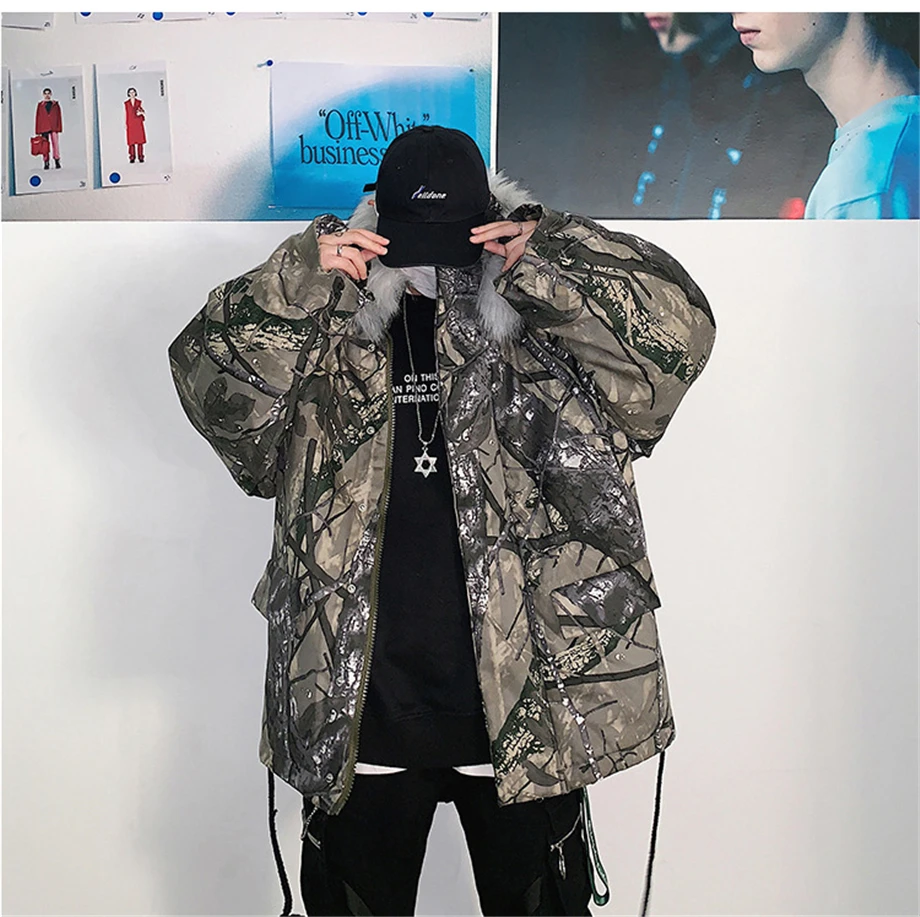 Winter Hip Hop Parkas Men Camouflage Jackets Fur Collar Hooded Thick Windbreaker Coats Outwear Streetwear Plus Size HZ158