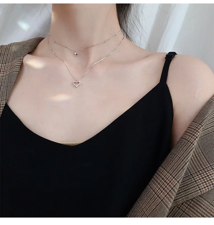 

925 Sterling Silver Double Layer Crystal Heart Shape Charm Pendant Necklace For Women Choker Wedding Jewelry Collar DZ640