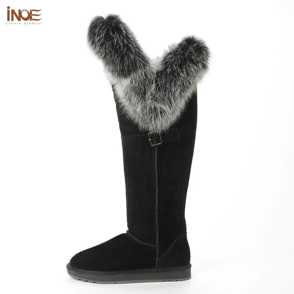 

INOE Real Fox Fur Sheepskin Suede Leather Wool Natural Sheep Fur Lined Women Fashion Long High Winter Snow Boots Waterproof