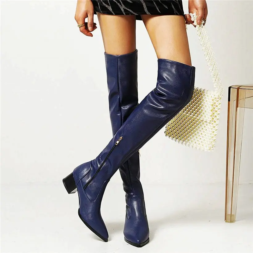 

Punk Goth Women's Thigh High Boots Over the Knee Pointed Toe Mid Cuban Heel Tall Long Booties Party Pumps 33 34-43