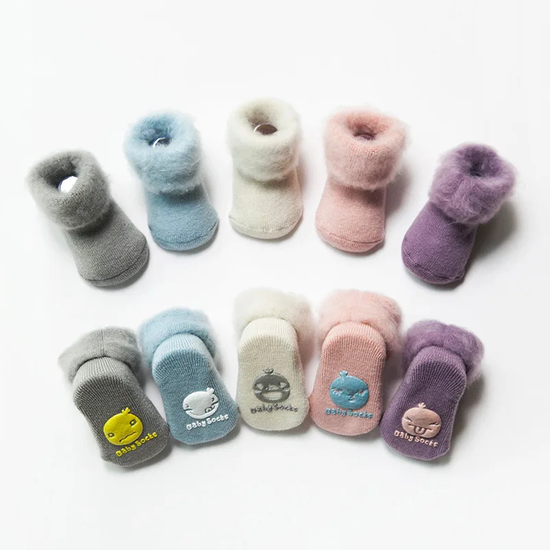 Зимние плотные махровые носки для малышей, теплые хлопковые милые носки для новорожденных мальчиков и девочек, нескользящие носки для пола ...