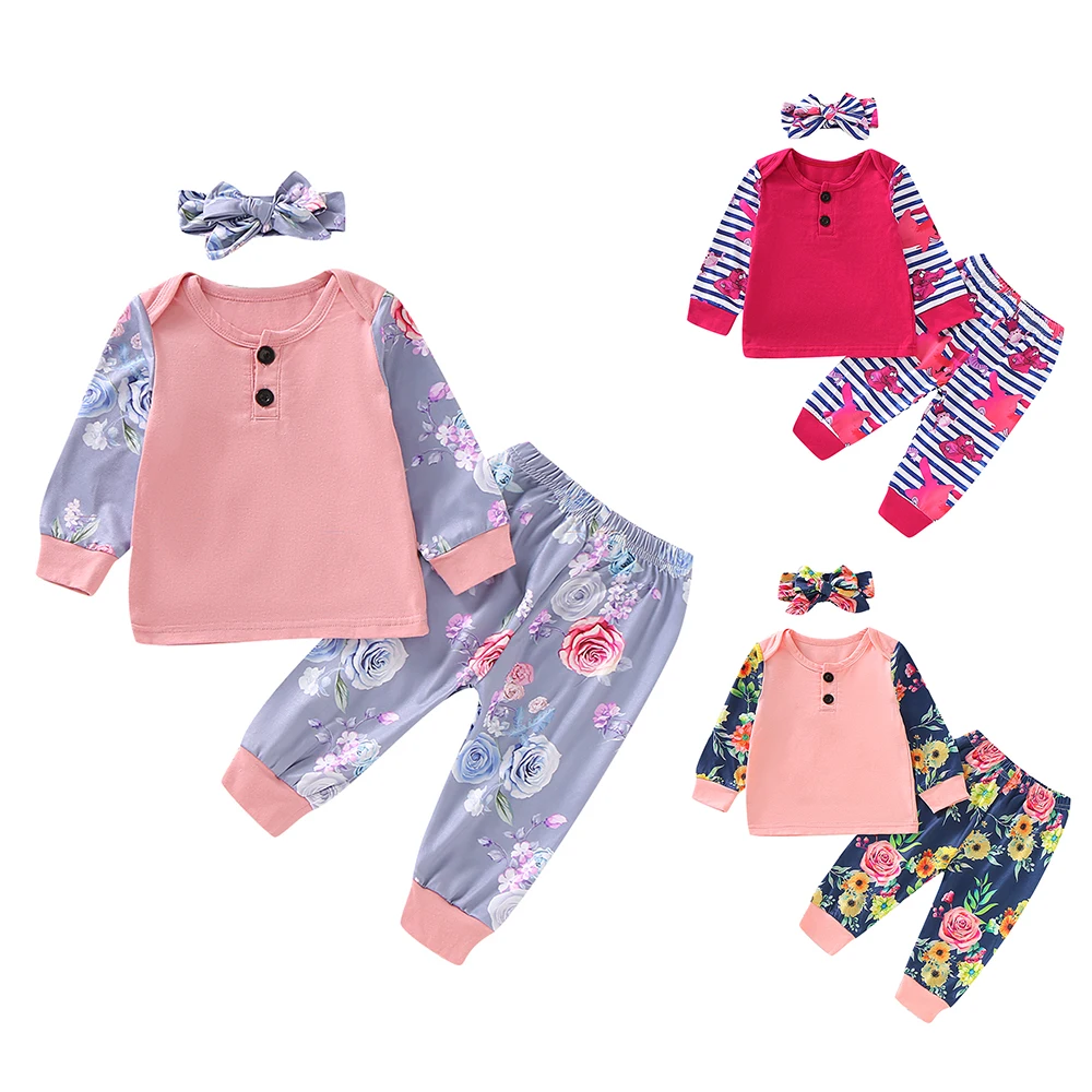 Комплект детской одежды из 3 предметов топ + штаны повязка на голову с цветочным