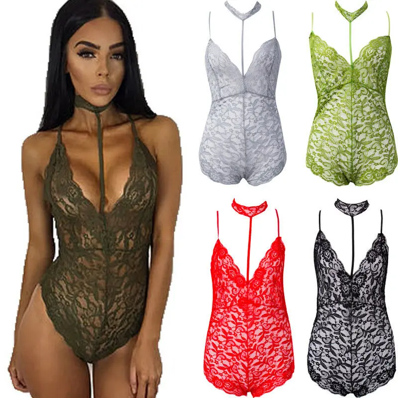 Сексуальное женское нижнее белье боди чокер Глубокий V-образный вырез кружевной