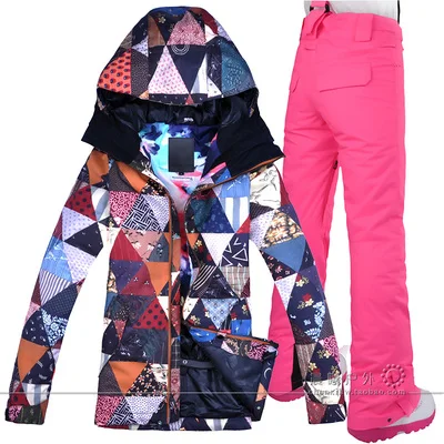 Color 1 GSOU лыжный костюм для женщин сноуборд куртка брюки супер теплая одежда брюки Женское зимнее пальто брюки с капюшоном лыжный костюм комплект - Цвет: Color 1