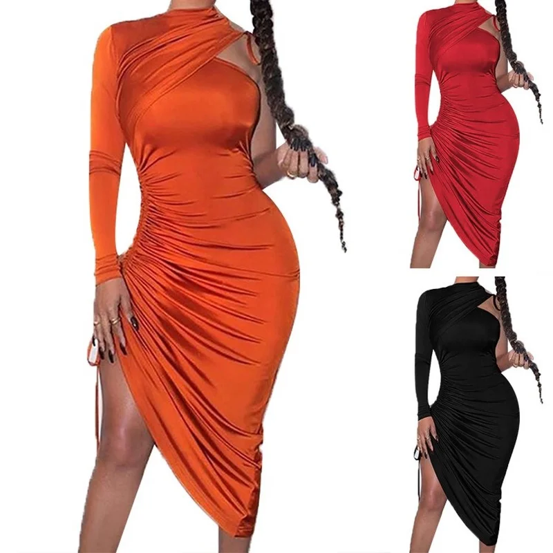 

sexy drapped one shoulder dress patchwork mesh long sleeve high split sundress spring clothes