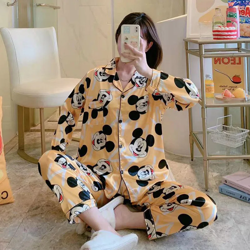 

Milk Silk Mickey Mouse Pajamas Buttons Women Long Sleeve T Shirt Trousers Disney Cartoon Ladies Loose Home Service Suit Autumn