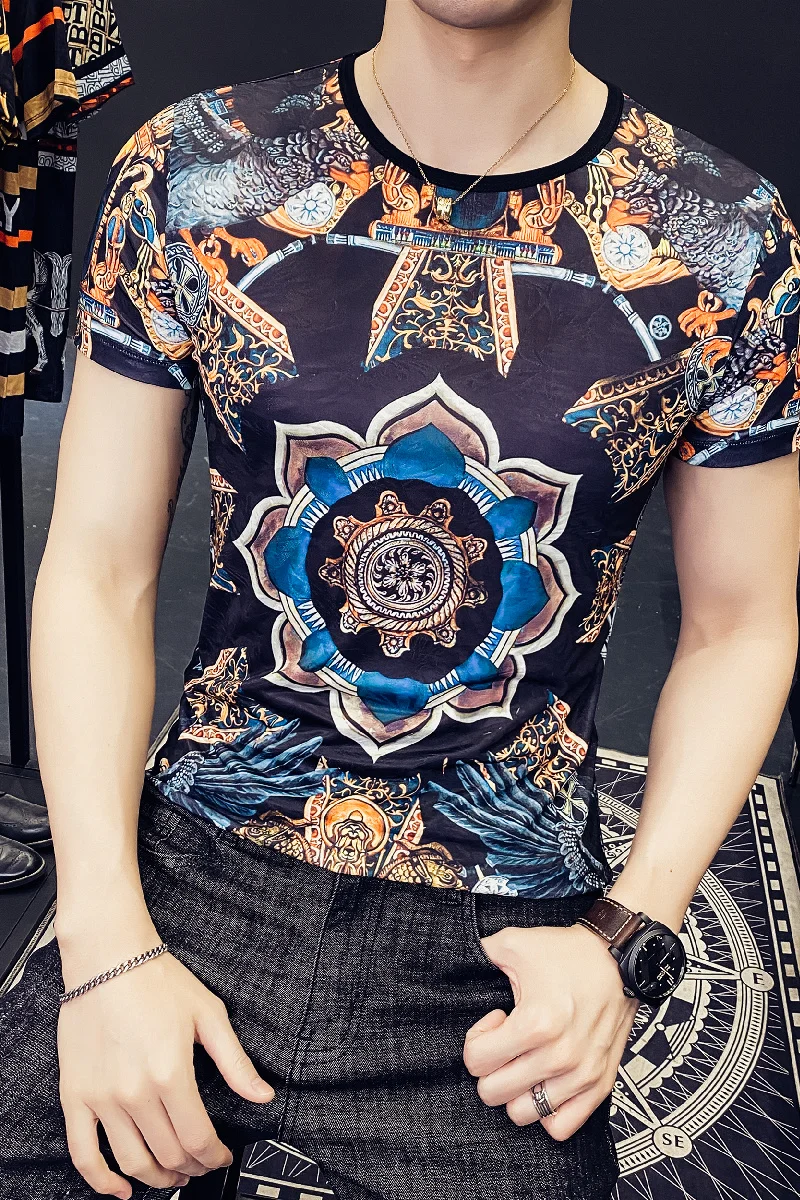 

Short 2021 Summer Sleeve T Shirt Men Luxury Vintage Print O-neck Tops Tees Streetwear Social Casual T-Shirt Ice Silk Breathable
