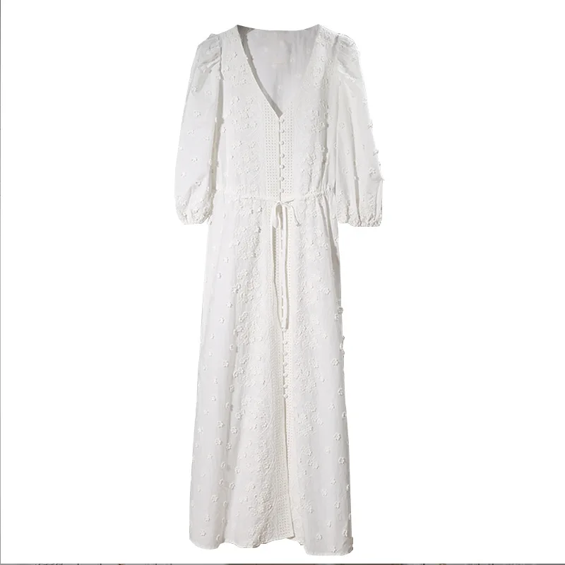 

Gezelligheid Dresses For Women 2021 Summer New Fashion Elegant Embroidered Flower Puff Sleeve V-Neck High Waist Long Maxi Dress