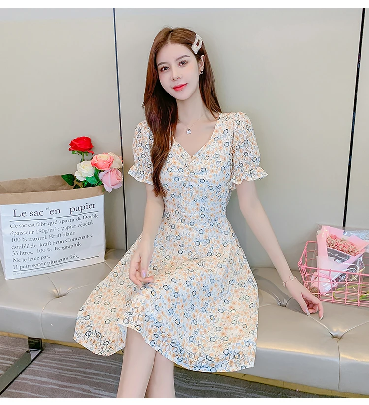 

Chiffon Loose Women's Dress New Fashion Casual Short Sleeve Polka Dot V-neck Mid-length Summer Dresses Houthion