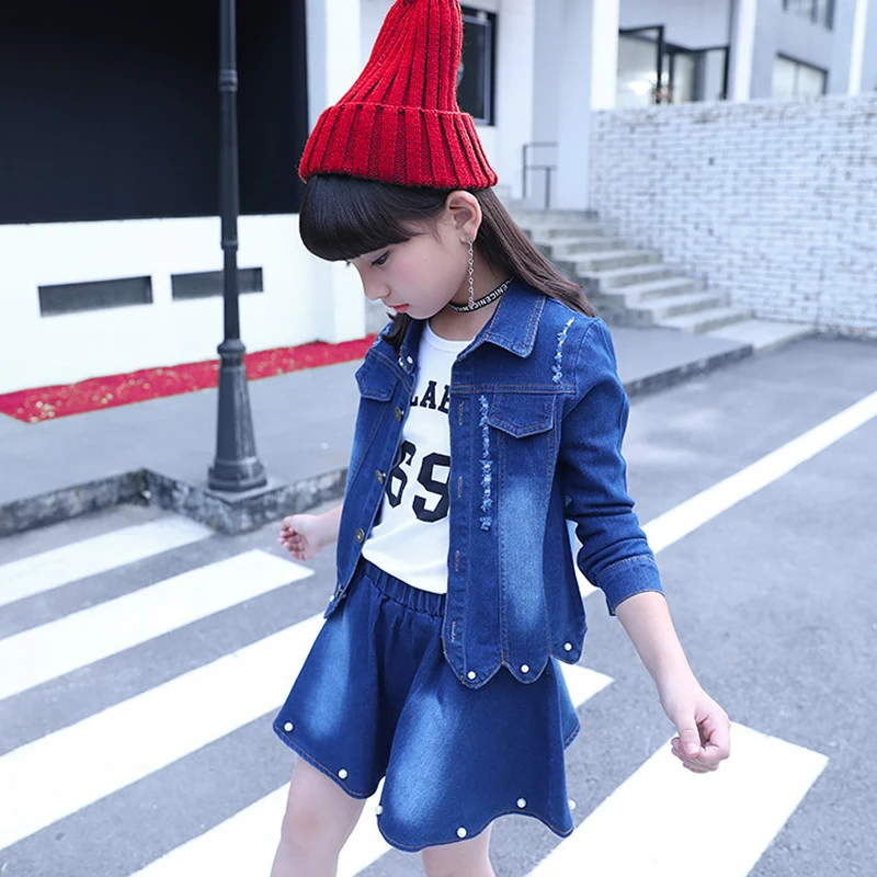 Одежда для девочек джинсовая модная спортивная куртка из трех предметов +
