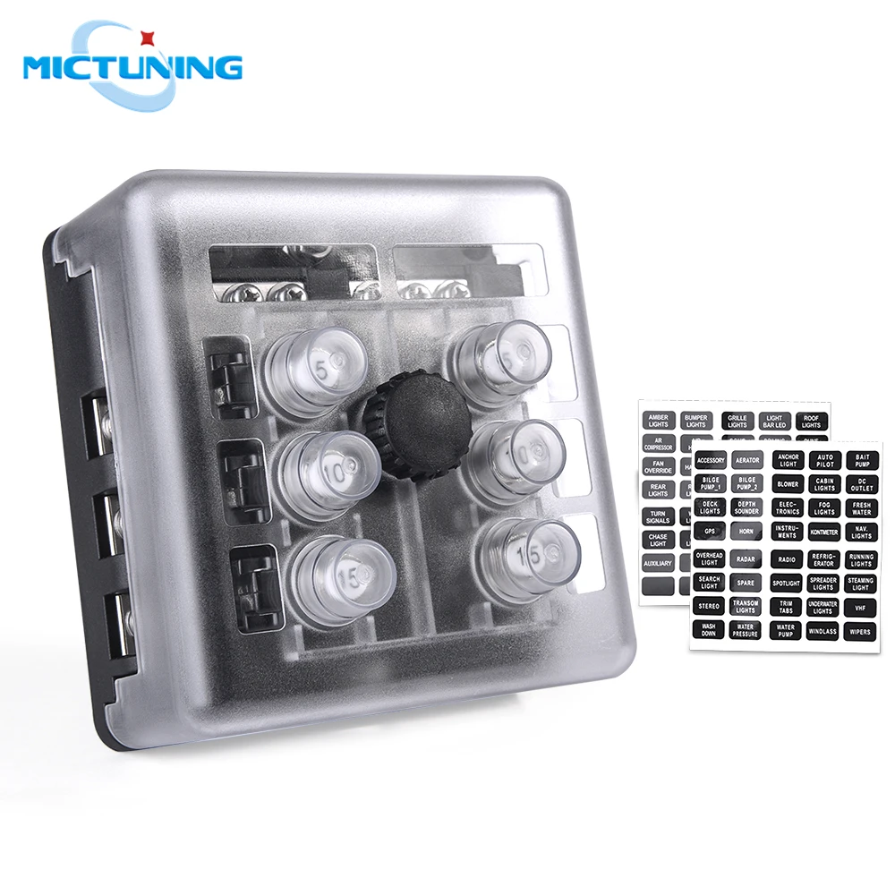 

MICTUNING Car 6-way Overload Protection Box Holder with Waterproof Metal Nut Cover Circuit Protector Universal for Boats SUV ATV