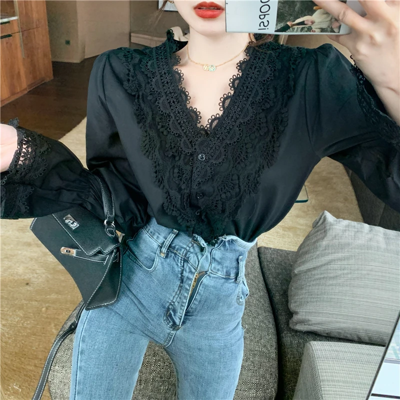 Женская блузка весна-осень милая кружевная рубашка с цветочным принтом
