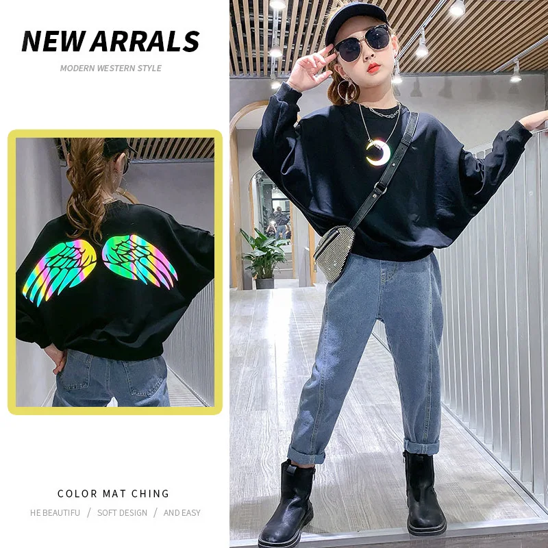 

Fashion Spring Autumn Children Girls Suit Reflective Wing Jacket Pants 2Pcs/Sets Active White Black Clothing Kids High Quality
