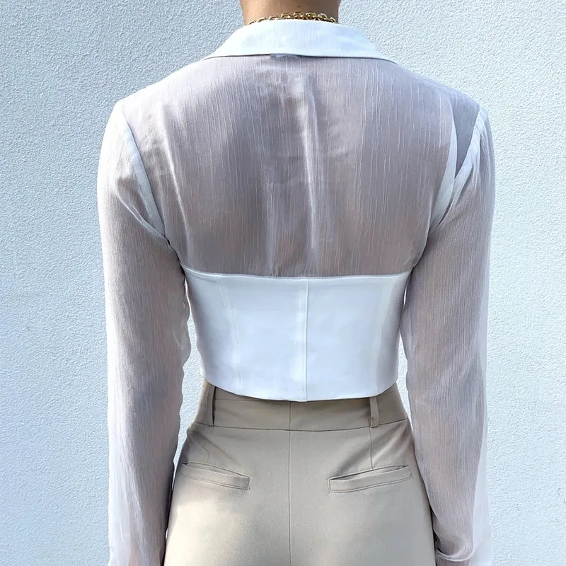 

Transparent Lapel Women Chiffon Splicing T Shirt Sexy V-Neck Chest Buckle Ladies Tops 2021 Ins Summer Fashion Streetwear Clothes