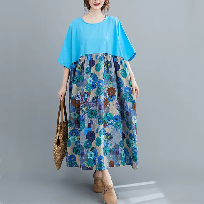 

short sleeve plus size cotton vintage floral dresses for women casual loose long woman summer dress elegant clothes 2021
