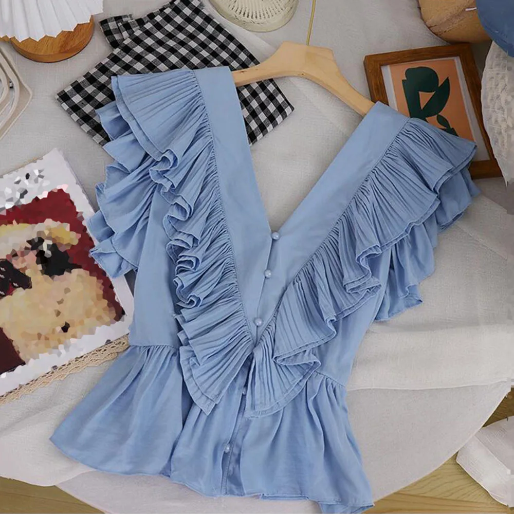 

2021 Summer New Korean Fashion Flying Sleeves Short V-neck Blouse Ruffle Design Casual Solid Color Thin Button