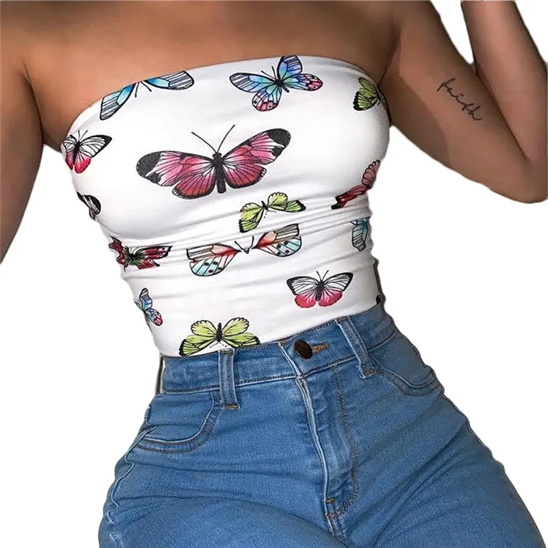 

Butterfly Print Sexy Strapless Off Shoulder Tube Tops Clubwear Fashion 2020 New Summer Women Slim Crop Tops Female Streetwear