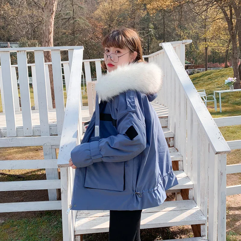 2020 New Fashion Cotton Wadded Womens Coat With Fur Hood Thicken Warm Winter Coat Women Blue Short Puffer Jacket Female Clothes