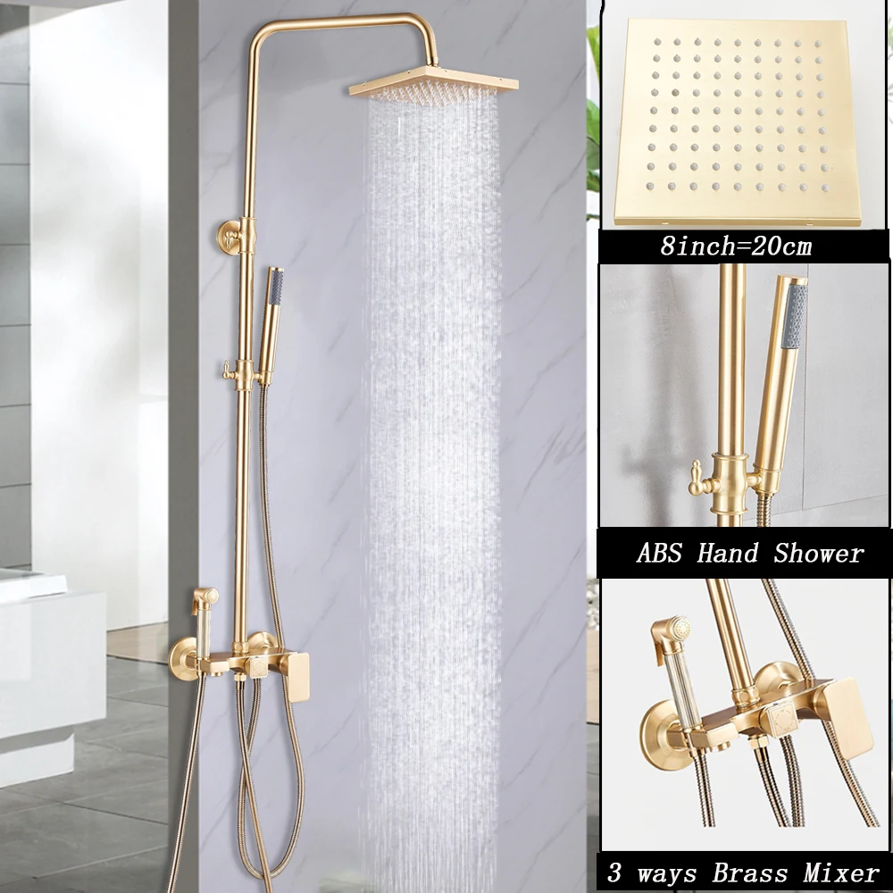 Матовый Золотой смеситель для душа ванной комнаты настенный дождевой ванны 8