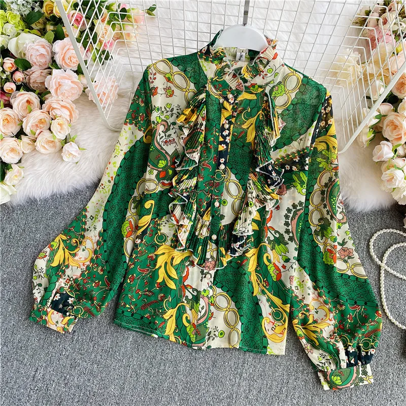 

2021 воротник с длинными рукавами, Повседневная рубашка, блузка с оборками Модные солнцезащитные очки в стиле ретро с цепочкой печати женская...