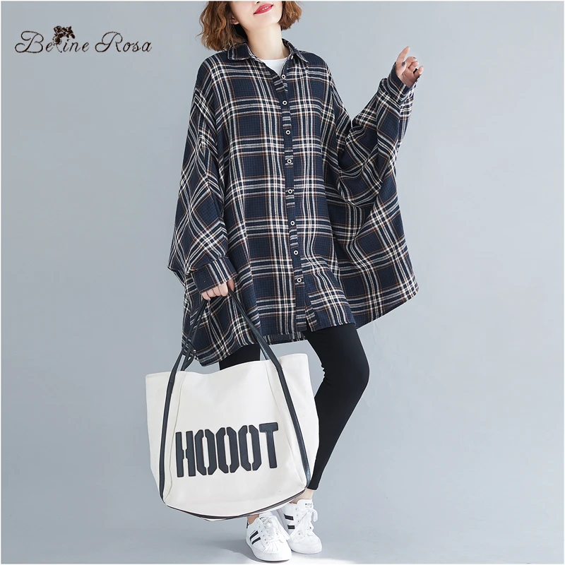 BelineRosa Англия Стиль Женские 4XL 5XL Большие размеры Блузки Полосатый плед Чистый хлопок топы и блузки ZRK00001