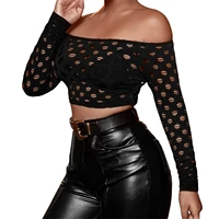 ladies sexy hollow out midriff baring tops women clothing leisure style solid color strapless long sleeve slim base t shirts