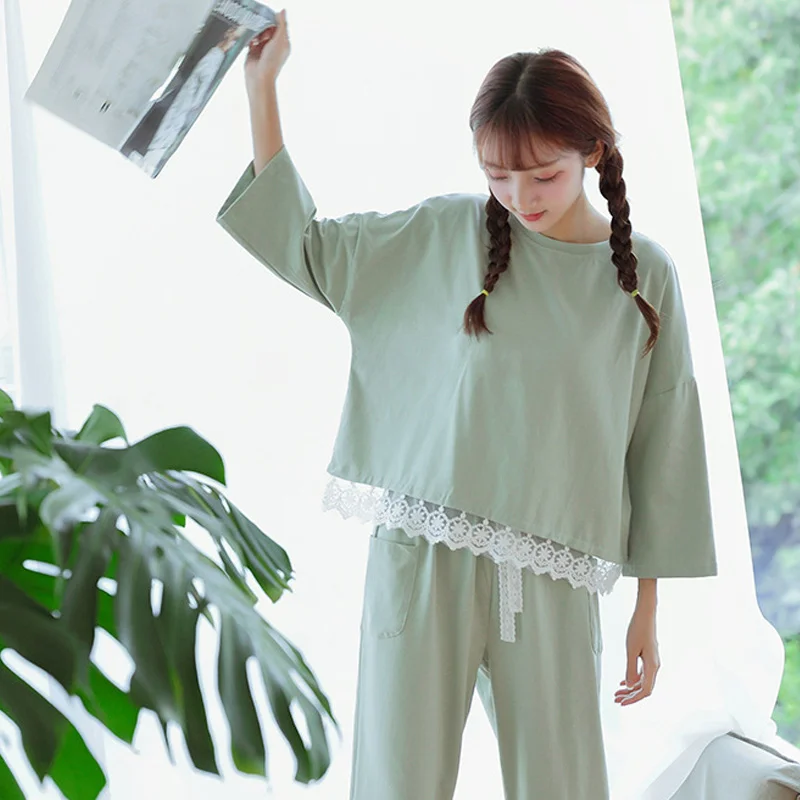 Женская футболка с длинными рукавами и штаны домашний костюм кружевной вышивкой