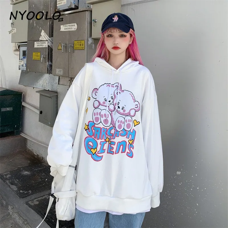 

NYOOLO Harajuku с рисунком медведя из мультфильма, с длинным рукавом, махровые белые милые толстовки, женские топы, осенне-весенние пуловеры, толст...