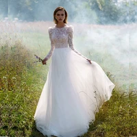 lace long sleeve wedding dress white tulle 2021 princess a line floor length o neck elegant for lady charming vintage civil