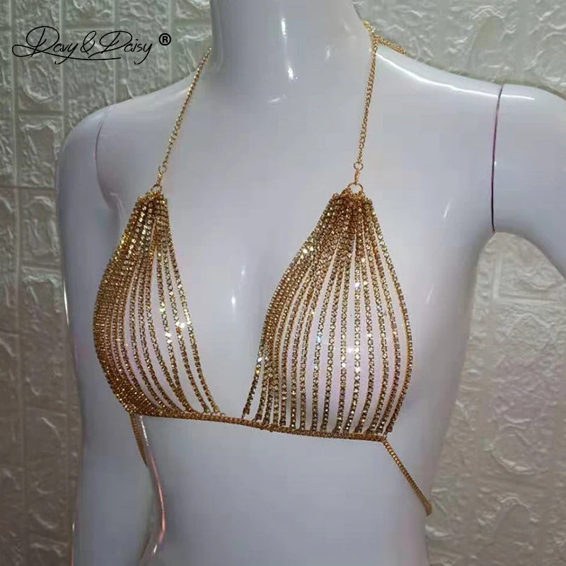 DAVYDAISY женский бюстгальтер rhinestone Горячая металлическая цепочка Хрустальный Бралетт одежда для пляжного клуба Топы модная нательная цепочка Сексуальное белье BR052