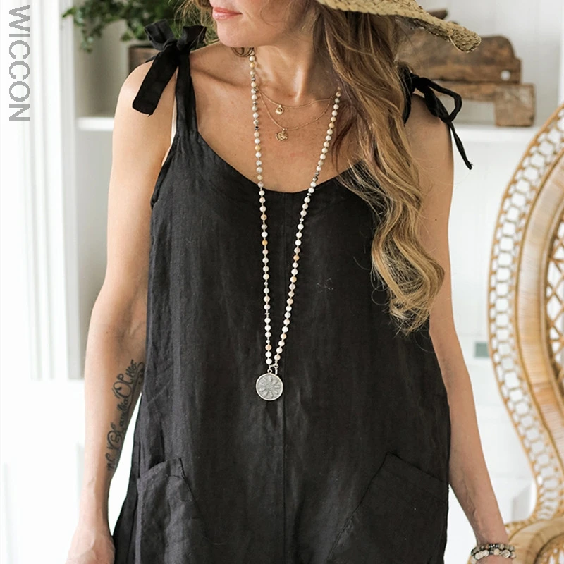 

2021 Women Casual Solid Lace Up Playsuits Vintage Loose Party Long Two Pockets Sleeveless Overalls Rompers Jumpsuits