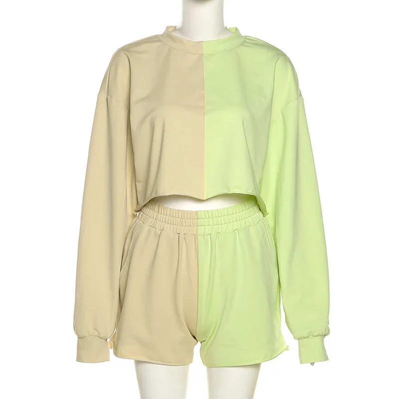 

Giyu Casual Patchwork Two Pieces Short Sets Women Autumn New Long Sleeve T-shirts Shorts Contrast Suit Femme Outfits Streetwear