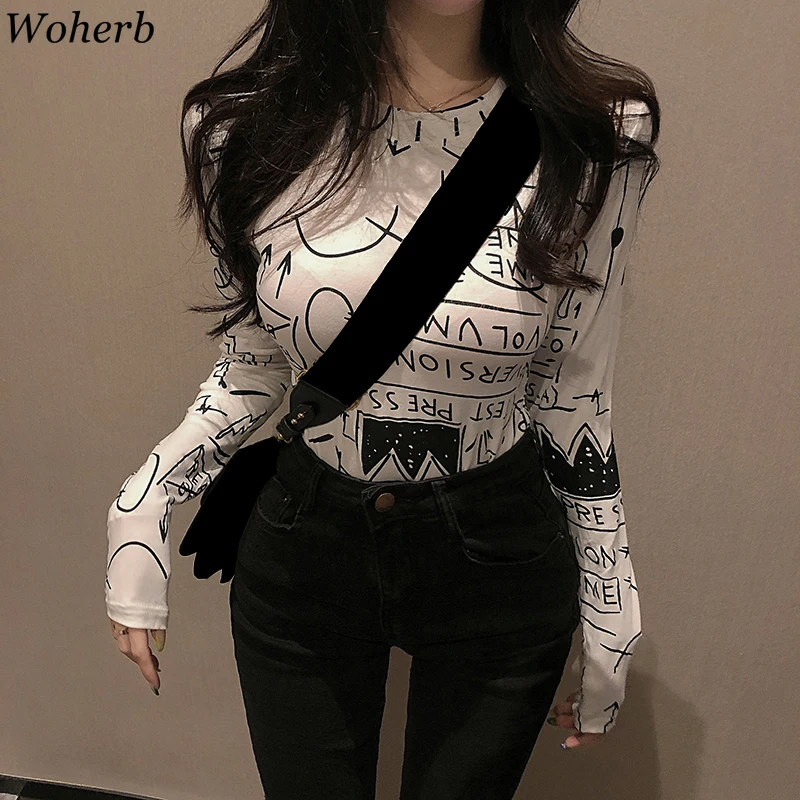Woherb Harajuku граффити надпись футболка женские футболки весна лето 2020 длинный рукав