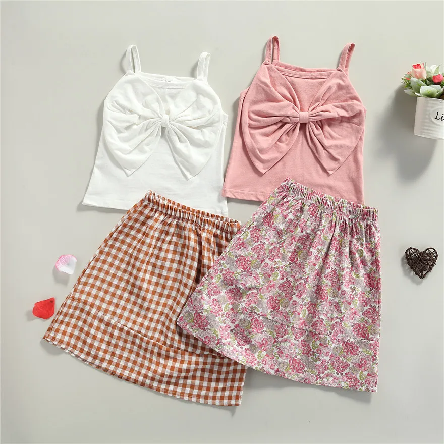 

Children Girls Casual Two-piece Clothes Set, Solid Color Boat Neck Camisole and Skirt Little Girls Summer Casual Sweet Set